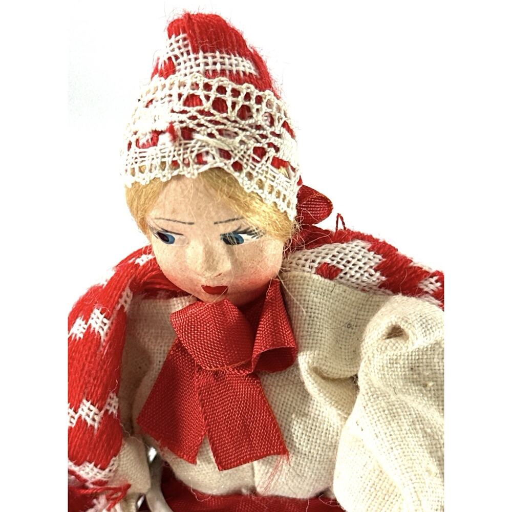Vintage 7” European Folk Doll Red White Costume Lace Bonnet w/ Stand - Picture 8 of 8